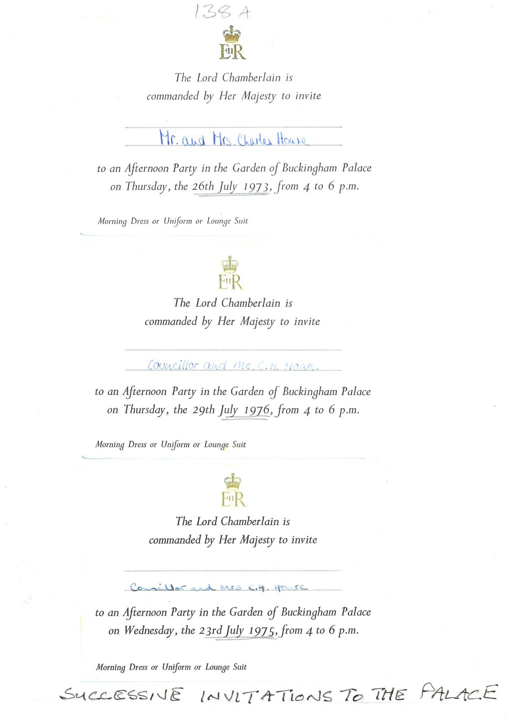 Succesive invitations to Buckingham Palace