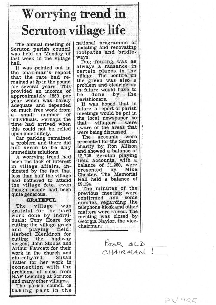 Newspaper article - Worrying trend in Scruton village life.