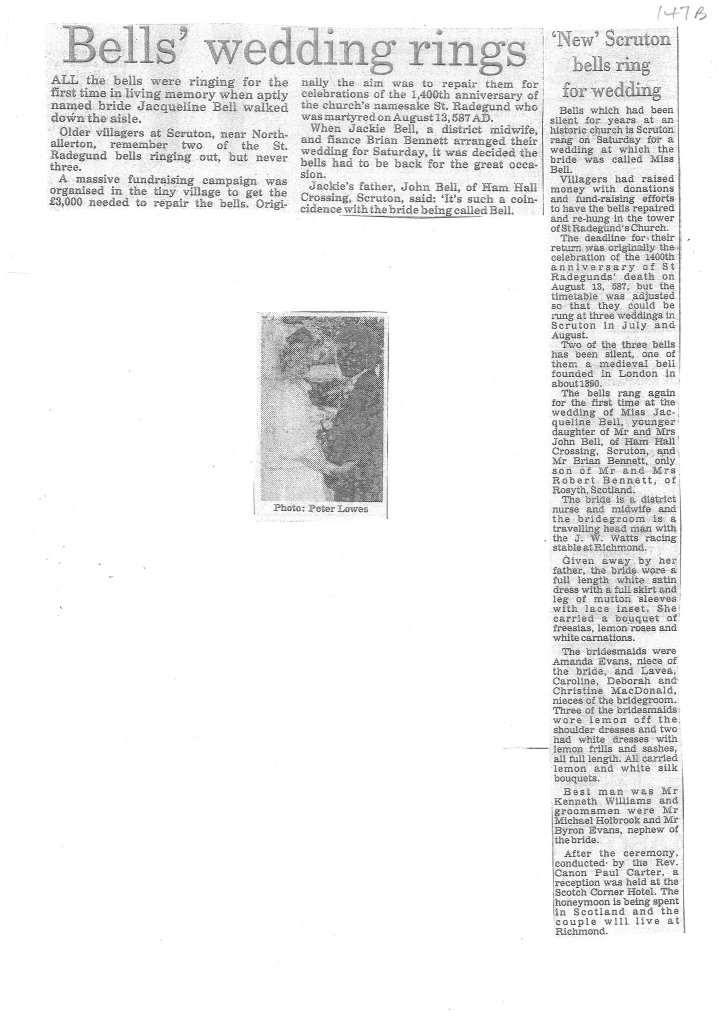 Newspaper article - New Scruton bells ring for wedding