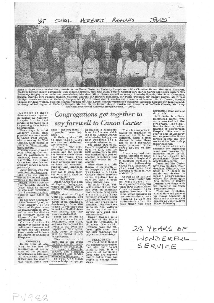 Newspaper article - Congregations get together to say farewell to Canon Carter