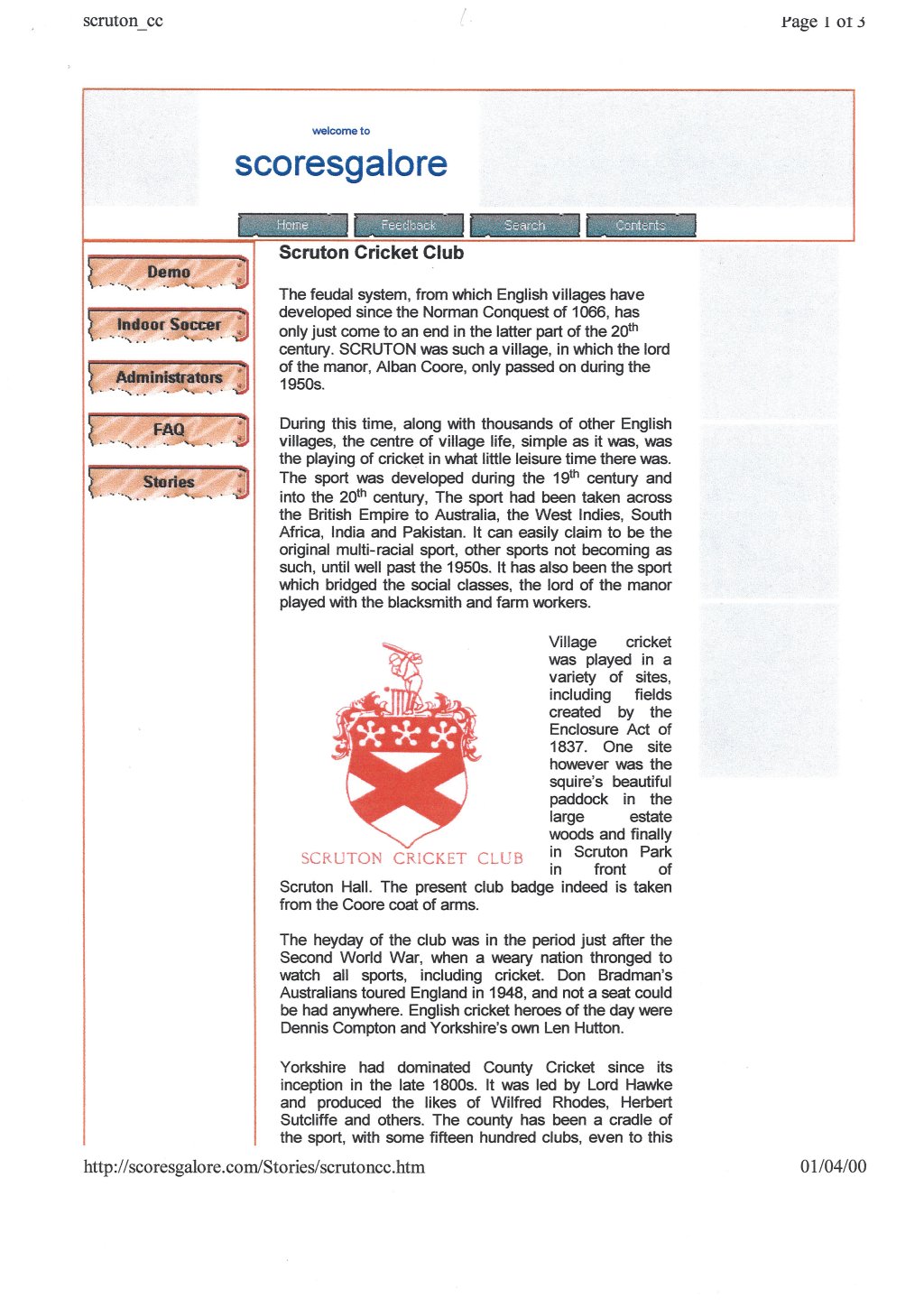 Outline History of Scruton Cricket Club
