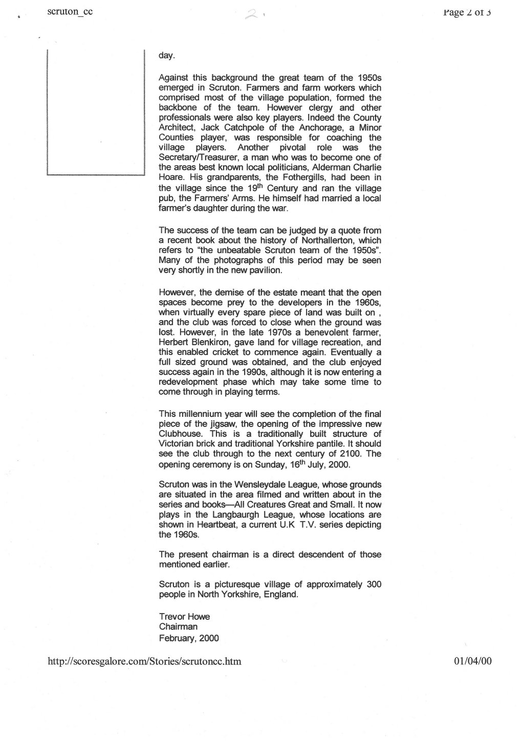 Outline of scruton Cricket Club History